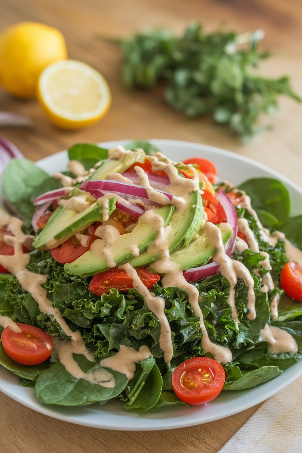 A colorful salad with leafy greens, tomatoes, avocado, and dressing on a plate.