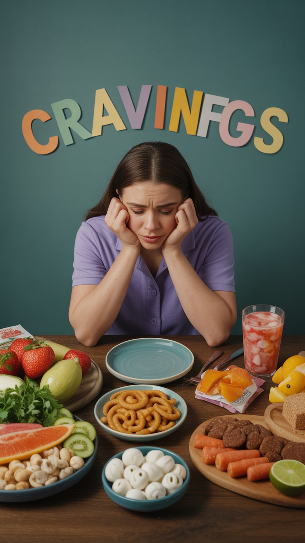 A person looking frustrated at a table filled with various foods, with the word 'CRAVINGS' displayed above.