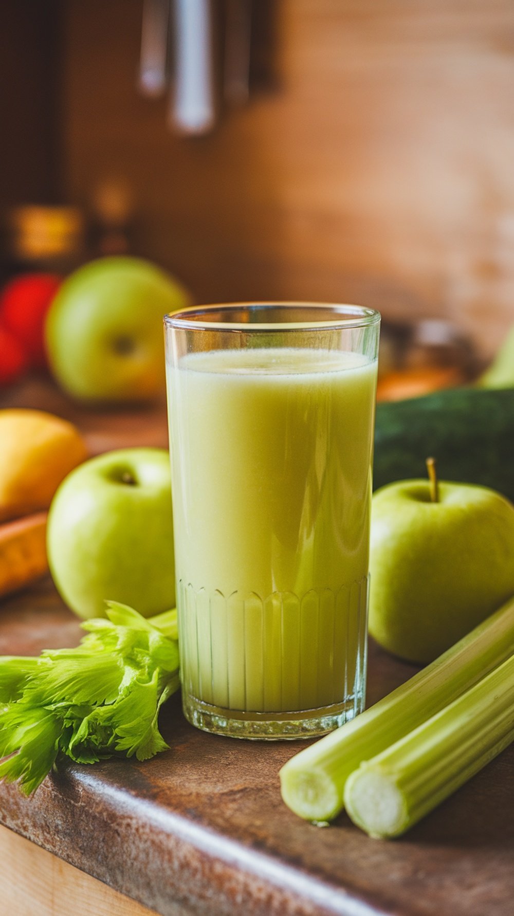 A glass of green apple and celery juice with fresh ingredients around it.