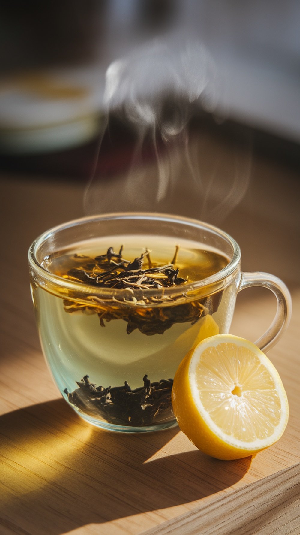 A steaming cup of green tea with lemon on a wooden surface