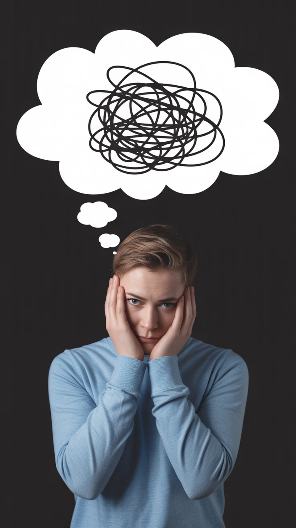 A person looking stressed, holding their head with a thought bubble showing a chaotic scribble.