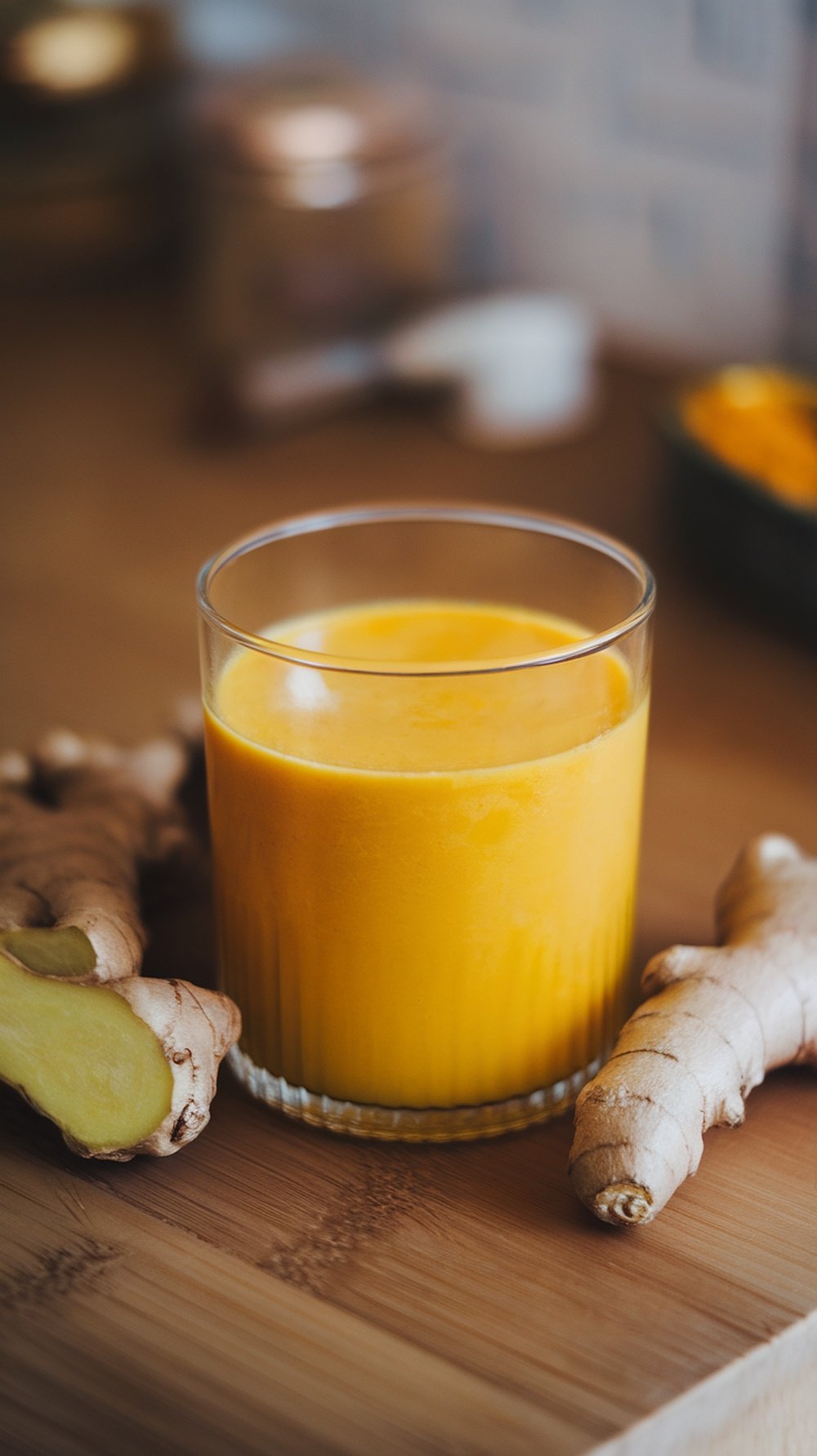 A glass of ginger turmeric digestive elixir surrounded by fresh ginger roots on a wooden surface.