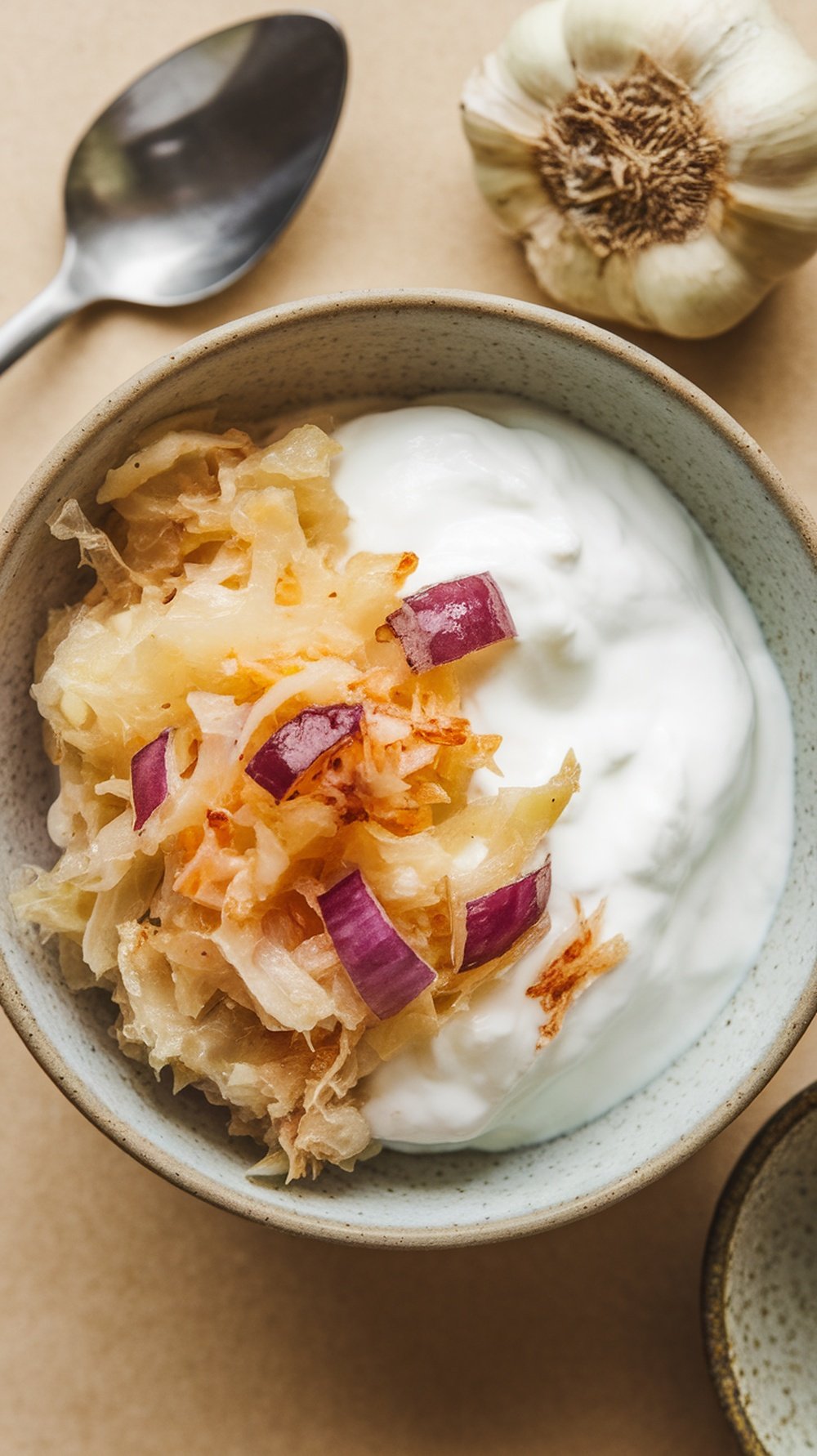 A bowl of sauerkraut topped with yogurt and red onion, with garlic in the background.