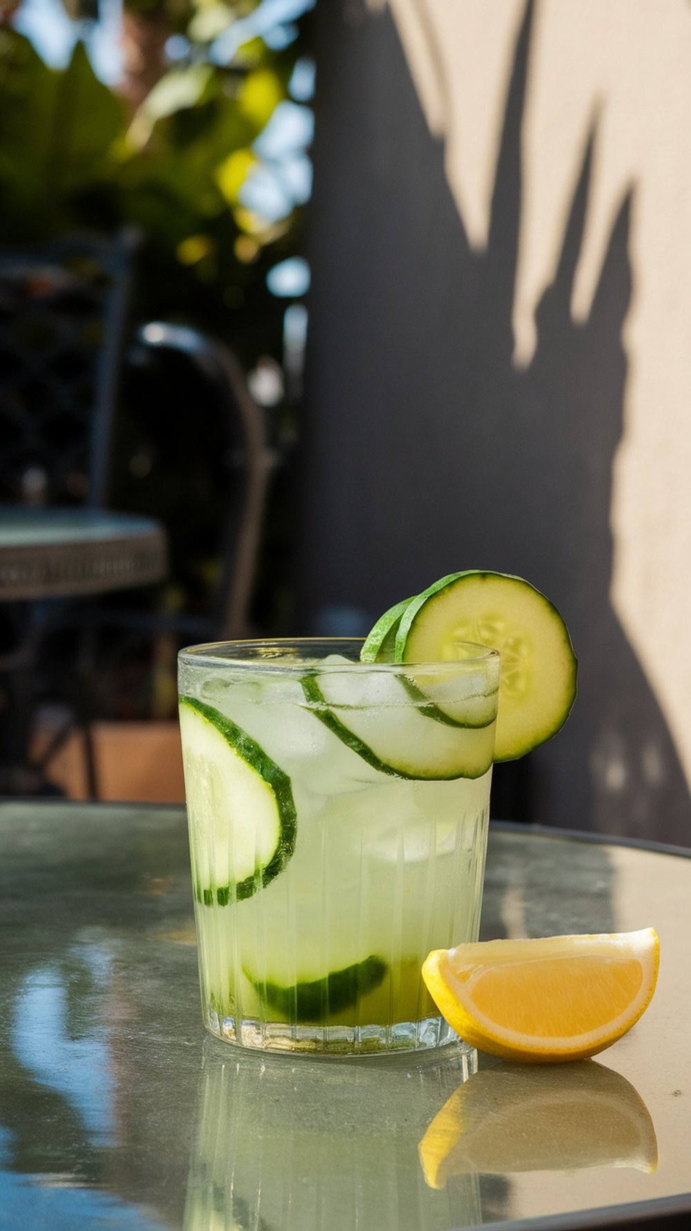 A refreshing cucumber lemon drink in a glass with cucumber slices and a lemon wedge on a table.