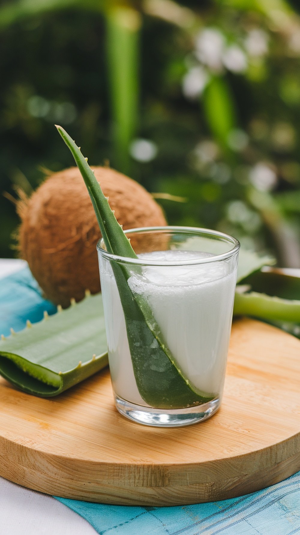 A glass of aloe vera and coconut water fusion with aloe vera leaf and coconut in the background