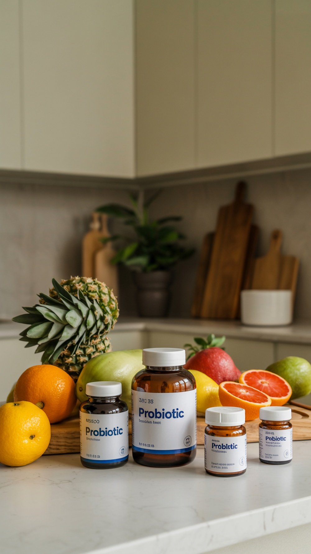 A variety of probiotic supplements displayed with fresh fruits on a kitchen counter.