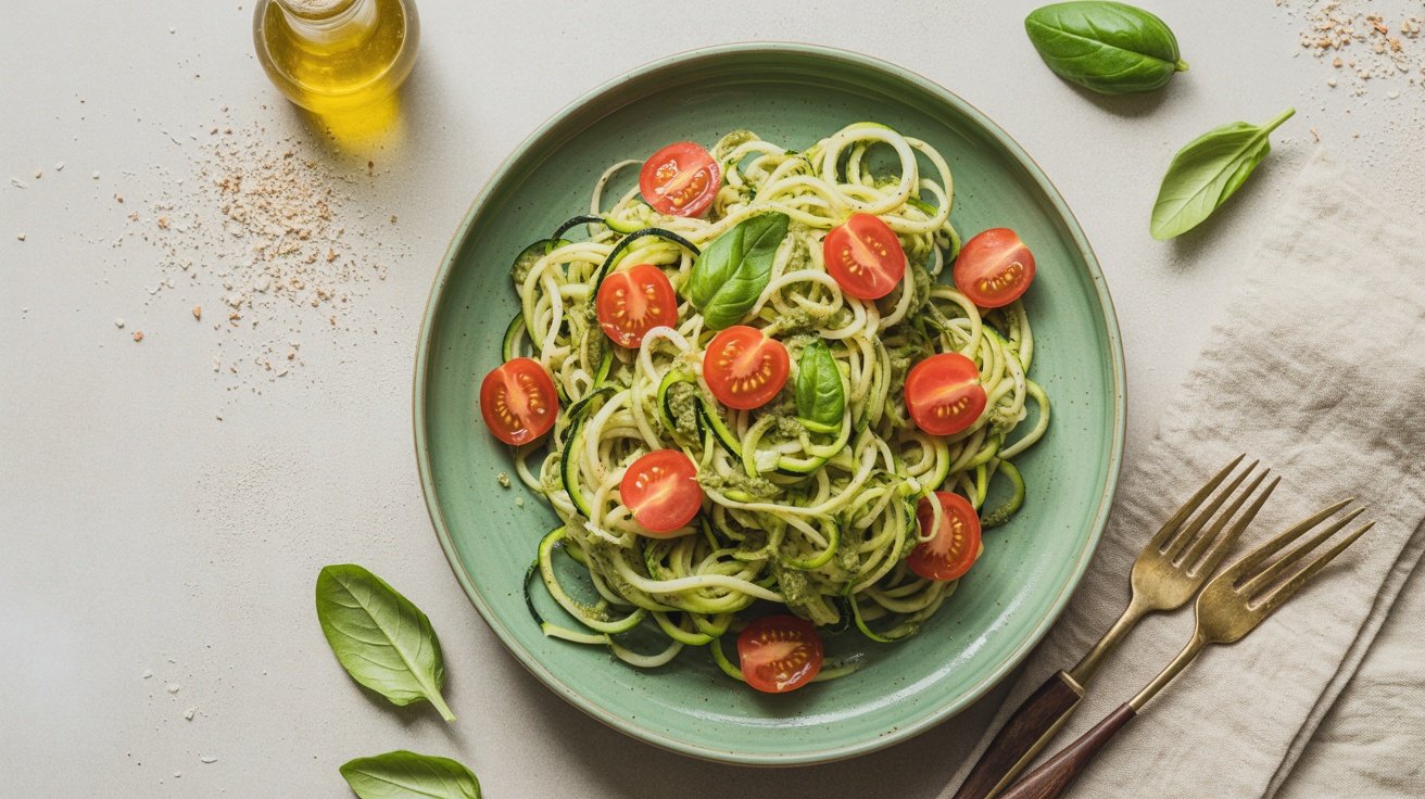 A plate of zucchini noodles topped with pesto and cherry tomatoes, garnished with fresh basil leaves.