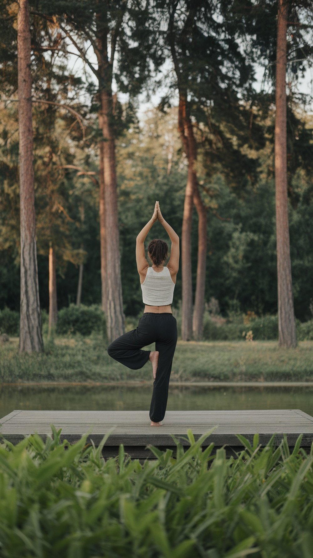 A person practicing yoga on a wooden platform surrounded by trees and greenery.