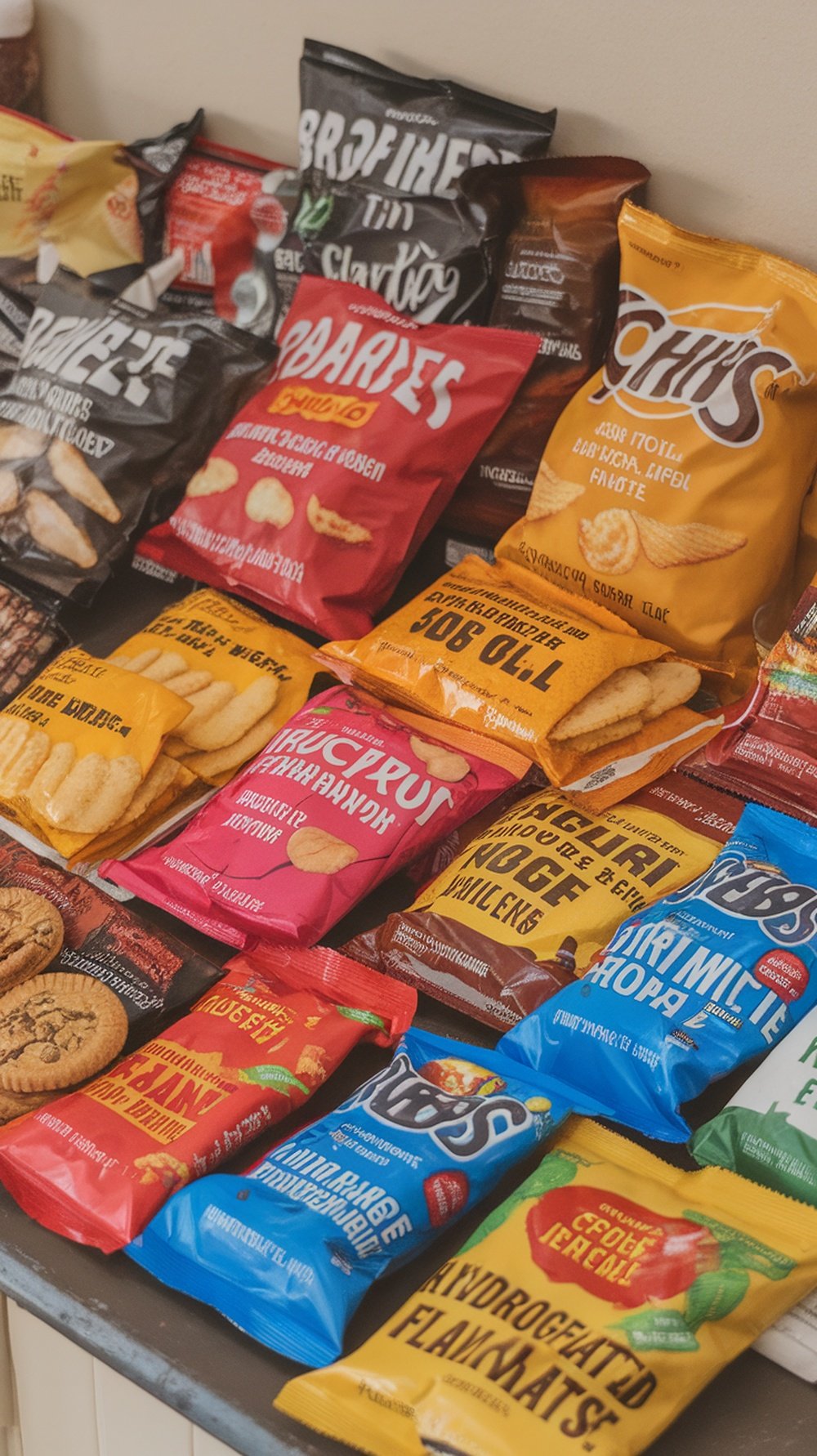 An assortment of colorful snack foods in bags, including chips and cookies, displayed on a table.