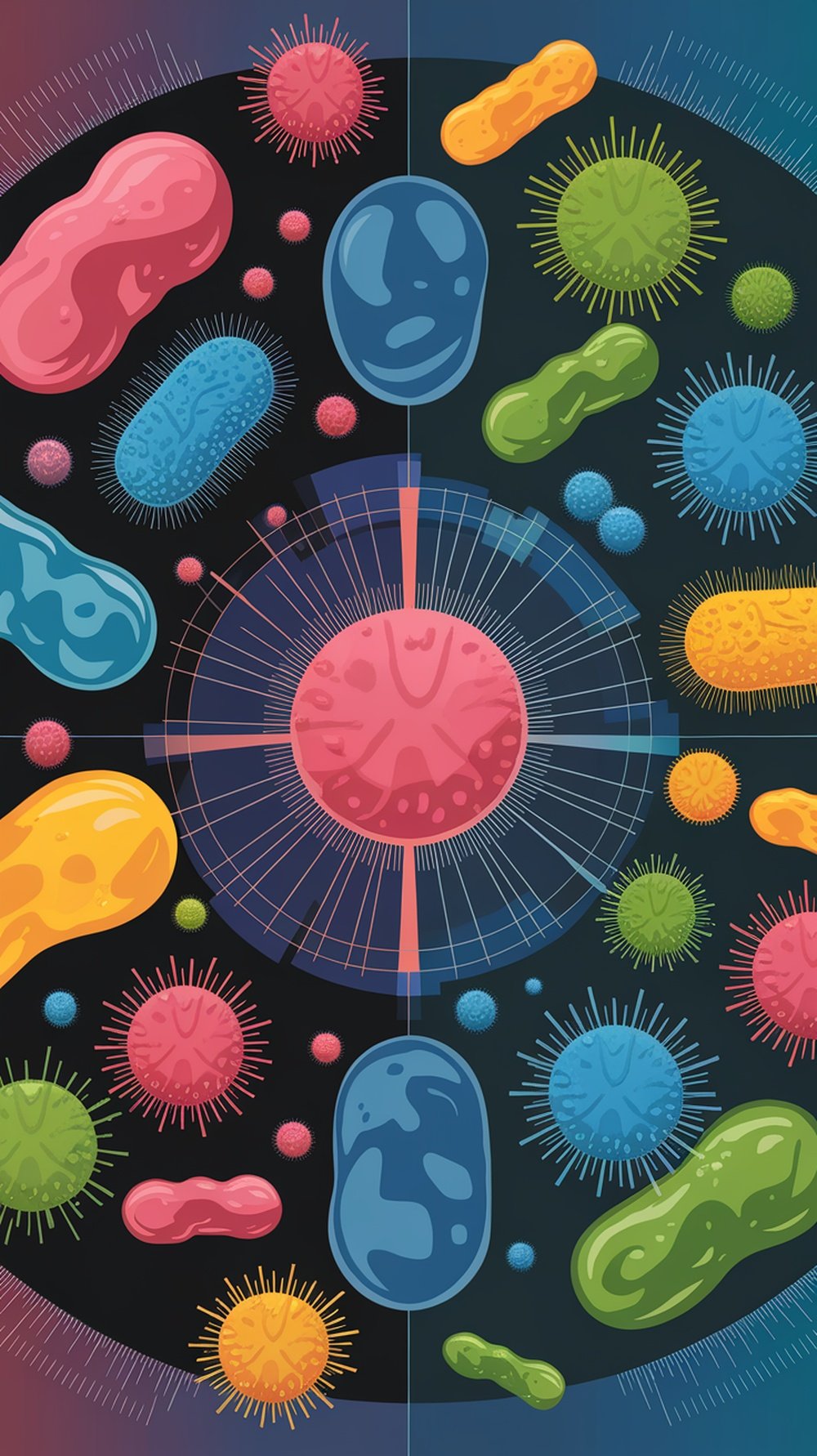 Colorful illustration of various bacteria and microbes representing a healthy gut microbiome.