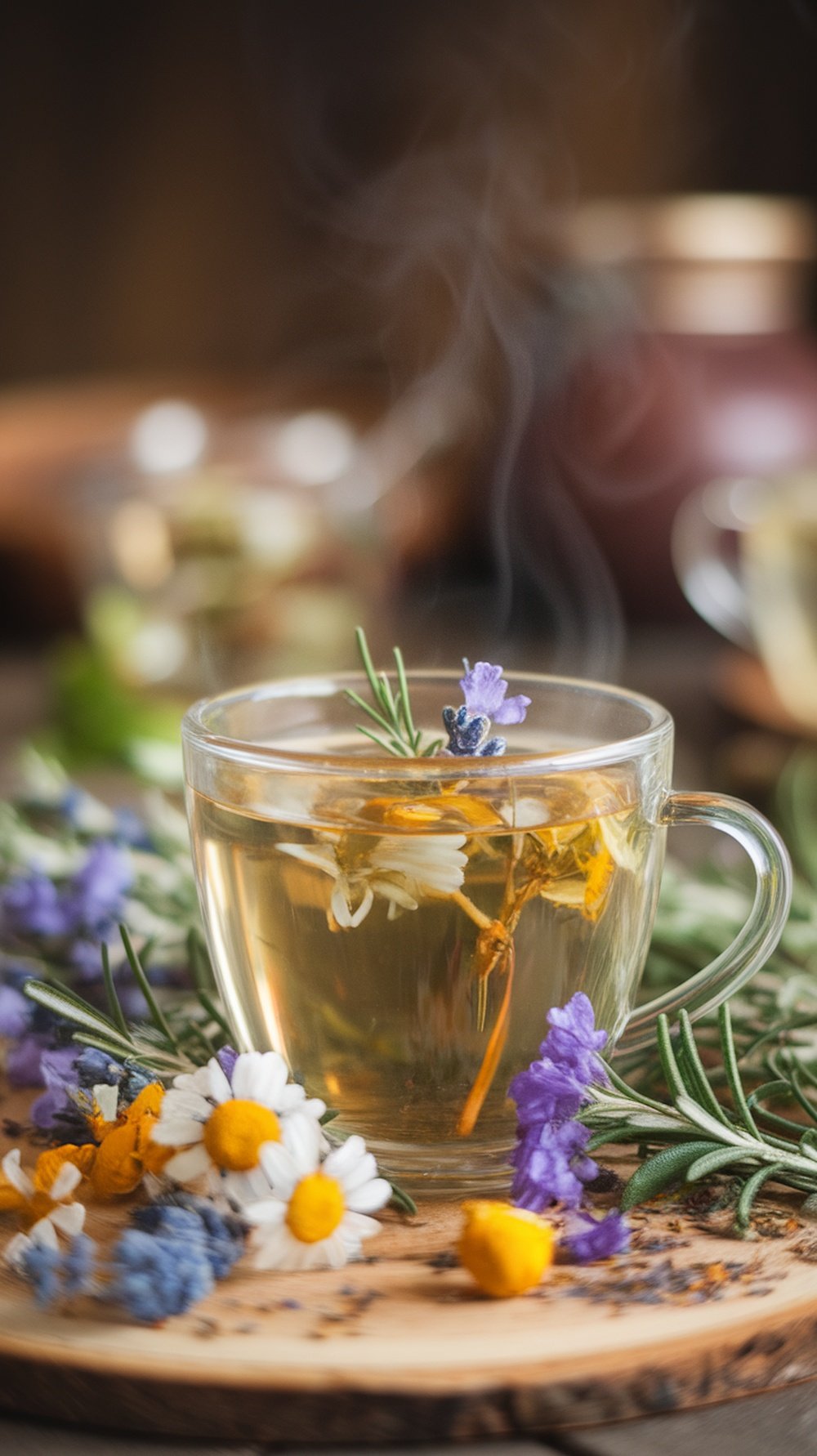 A steaming cup of herbal tea with flowers and herbs surrounding it