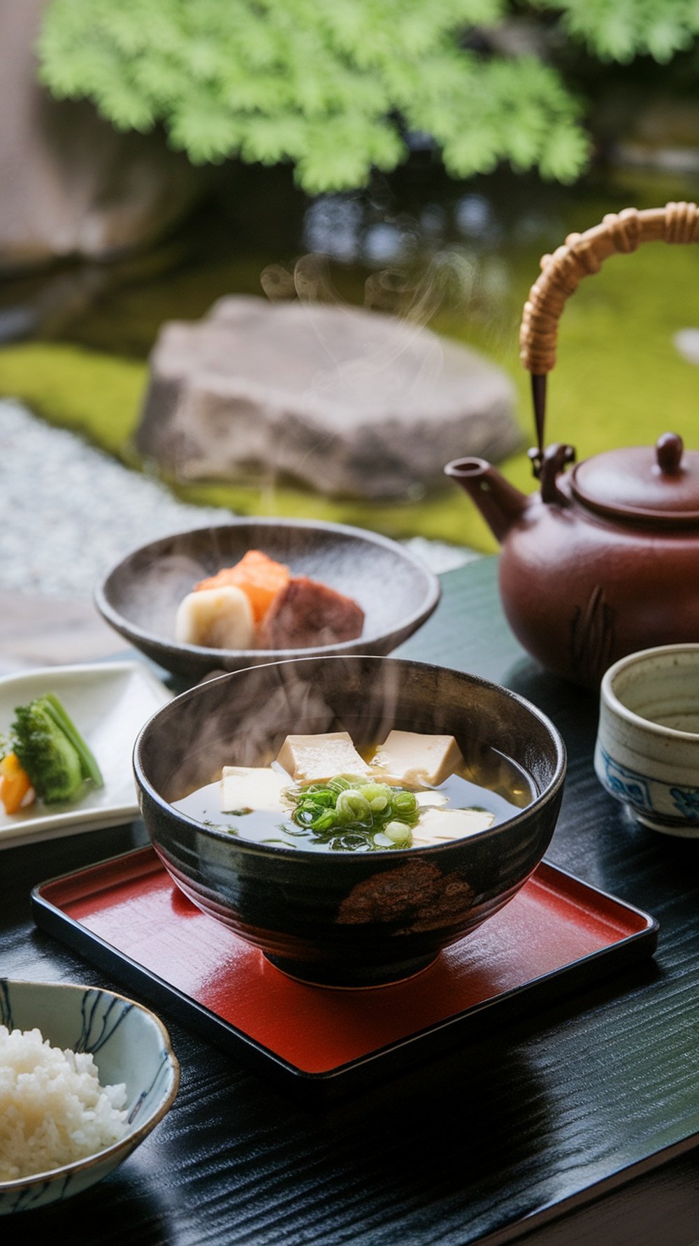A bowl of steaming miso soup with tofu and green onions, accompanied by side dishes and a teapot.