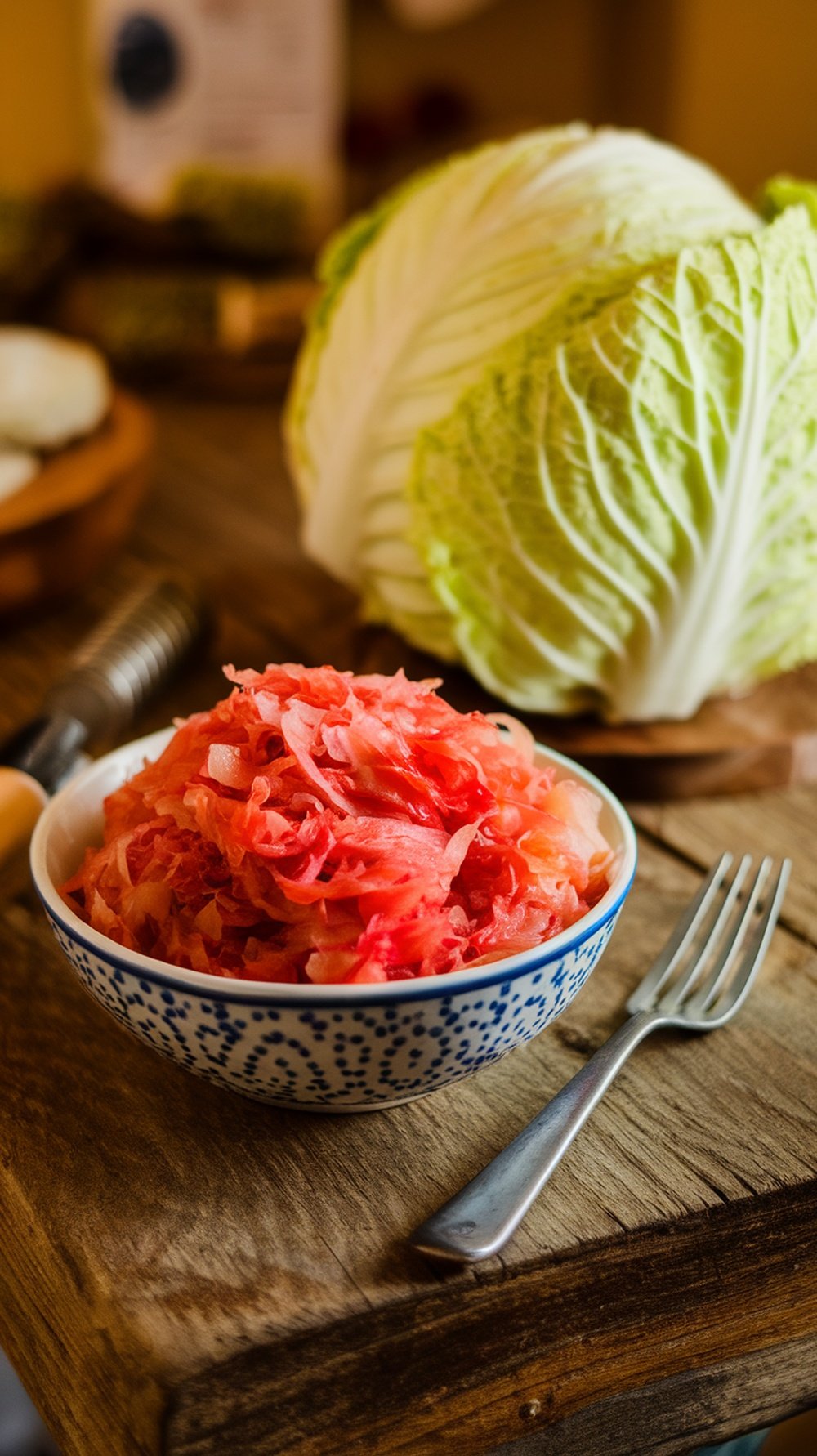 A bowl of sauerkraut next to a fresh head of cabbage on a wooden table.