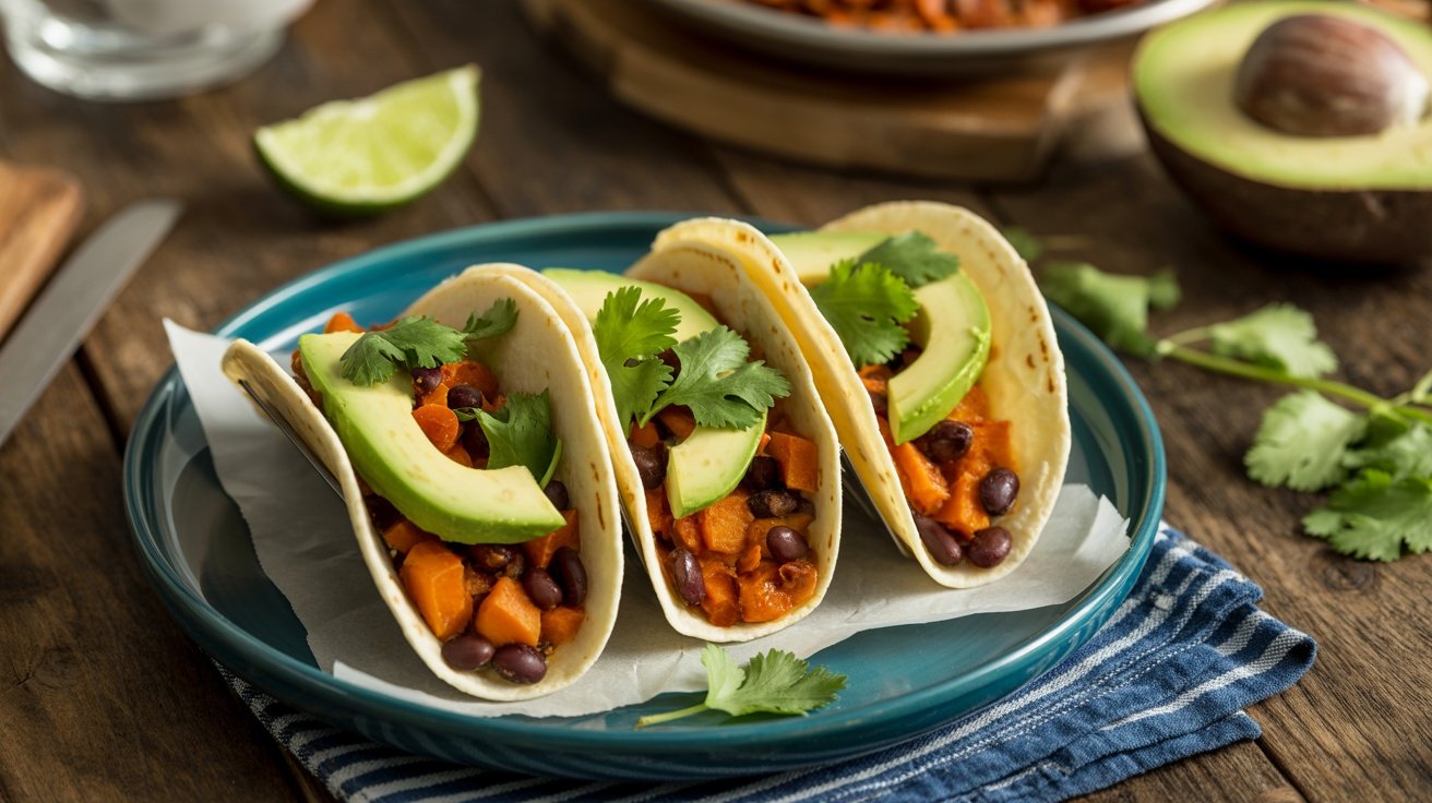 Roasted sweet potato and black bean tacos with avocado and cilantro on a blue plate