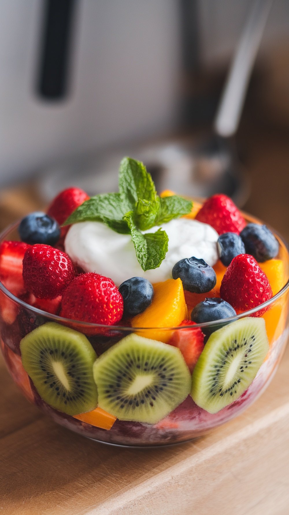 A colorful fruit salad with strawberries, blueberries, kiwi, and mango topped with yogurt and mint leaves.