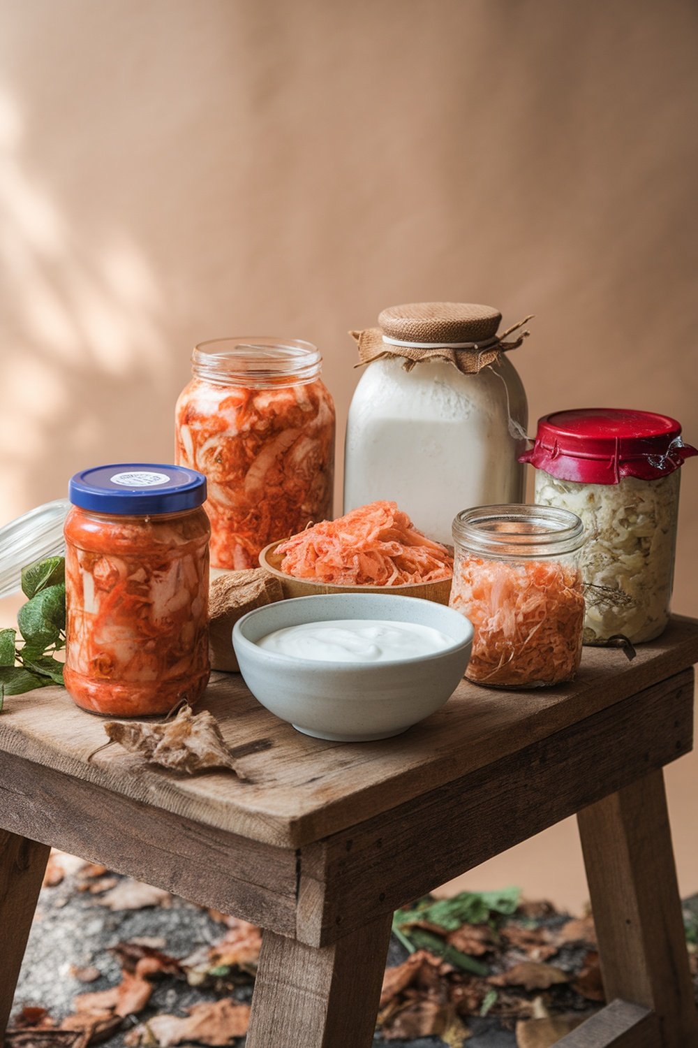 A variety of fermented foods displayed on a wooden table, including jars of kimchi, yogurt, and sauerkraut.