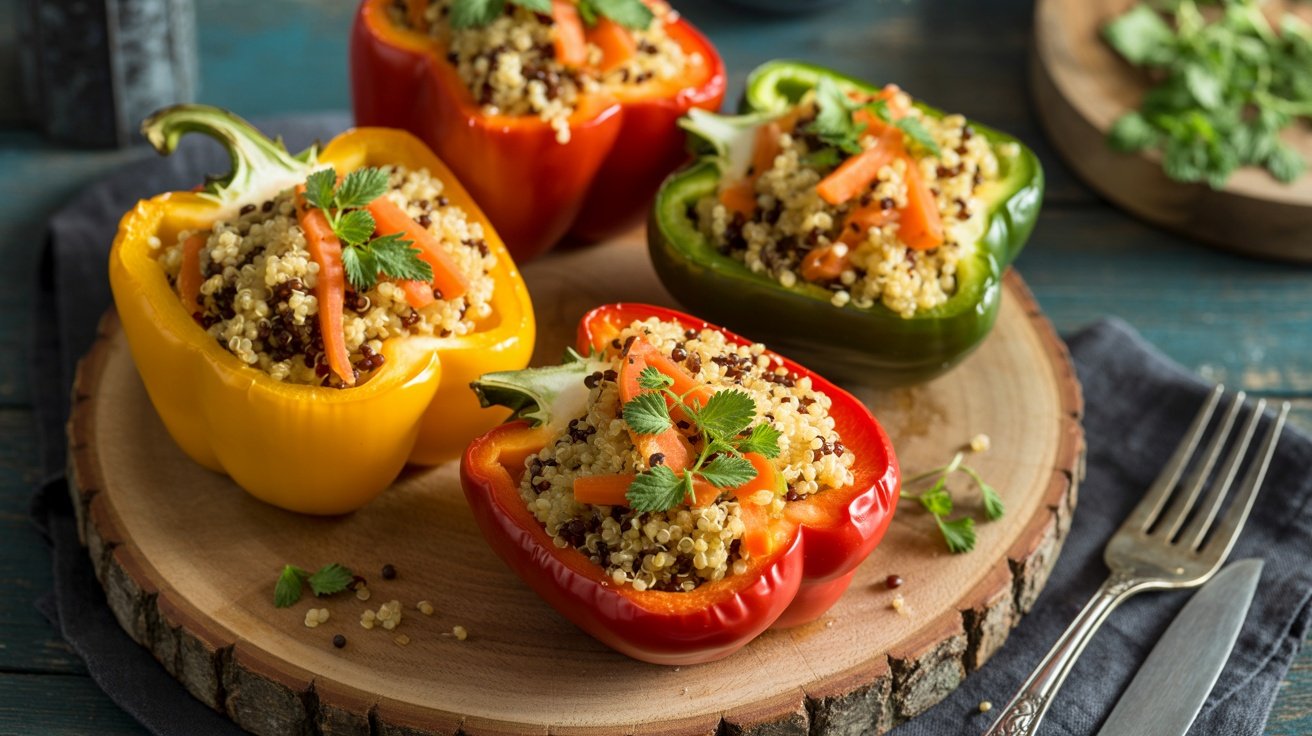 Stuffed bell peppers filled with quinoa and vegetables on a wooden platter.