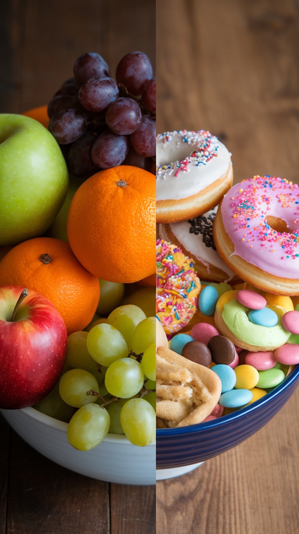 A bowl of fresh fruits on the left and a bowl of sugary treats on the right, illustrating the contrast between healthy and unhealthy snack options.