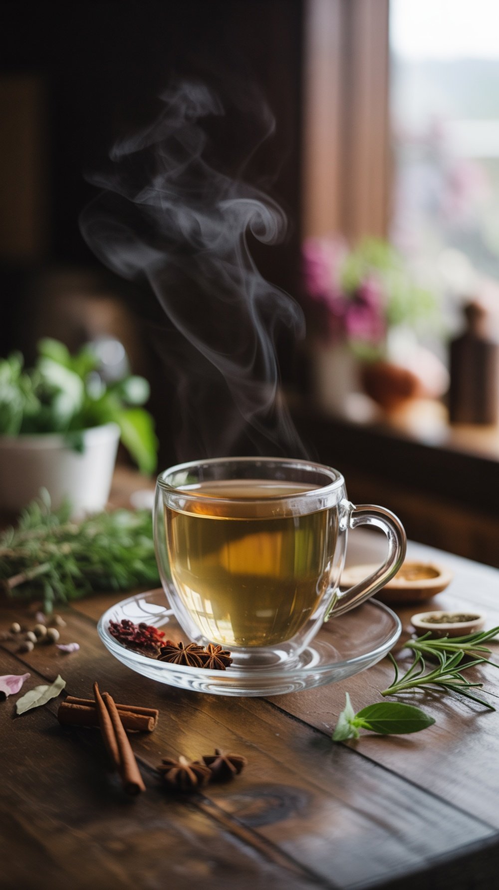 A steaming cup of herbal tea surrounded by fresh herbs and spices on a wooden table.
