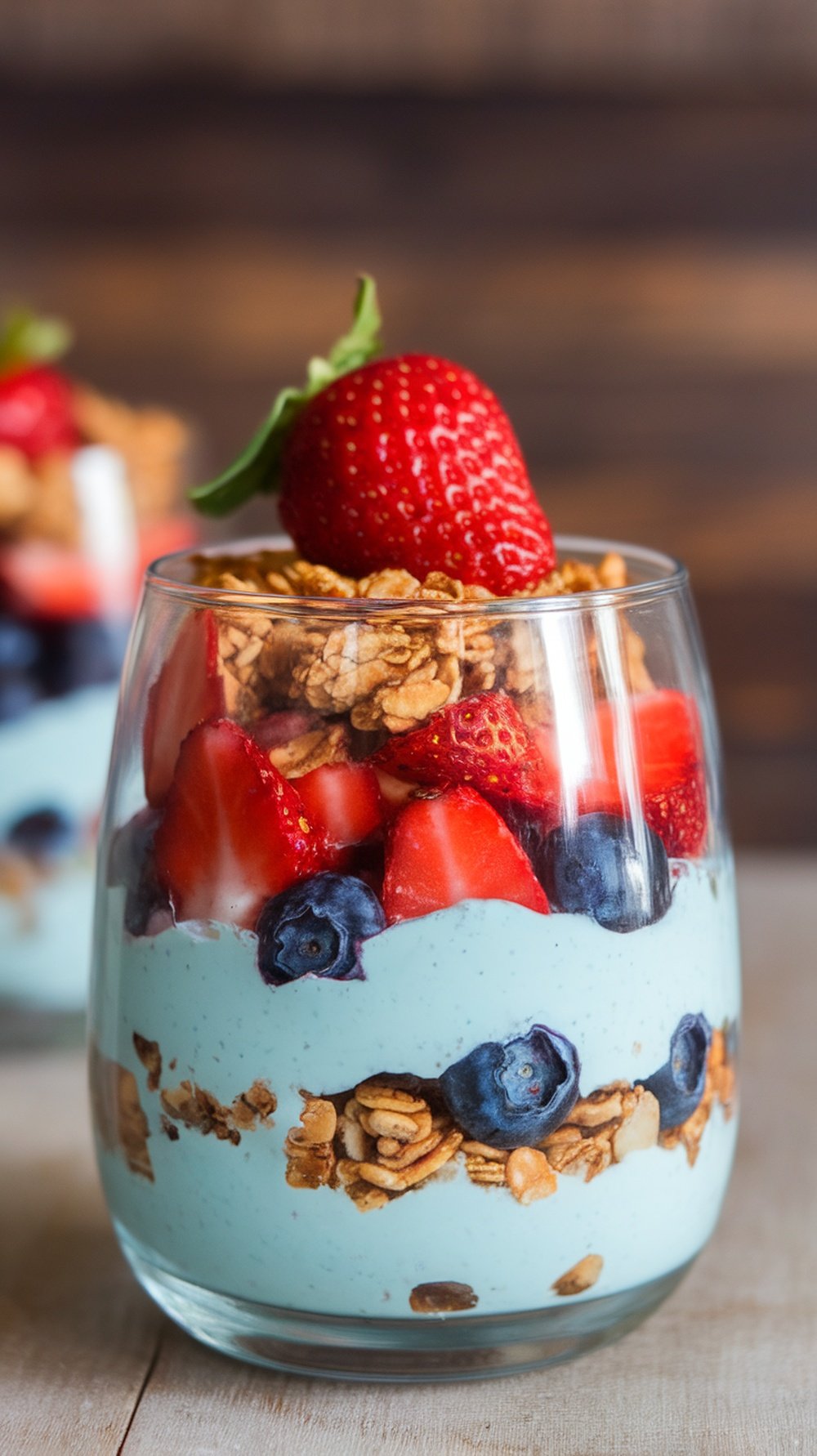 A Greek yogurt parfait with layers of yogurt, strawberries, blueberries, and granola in a glass.