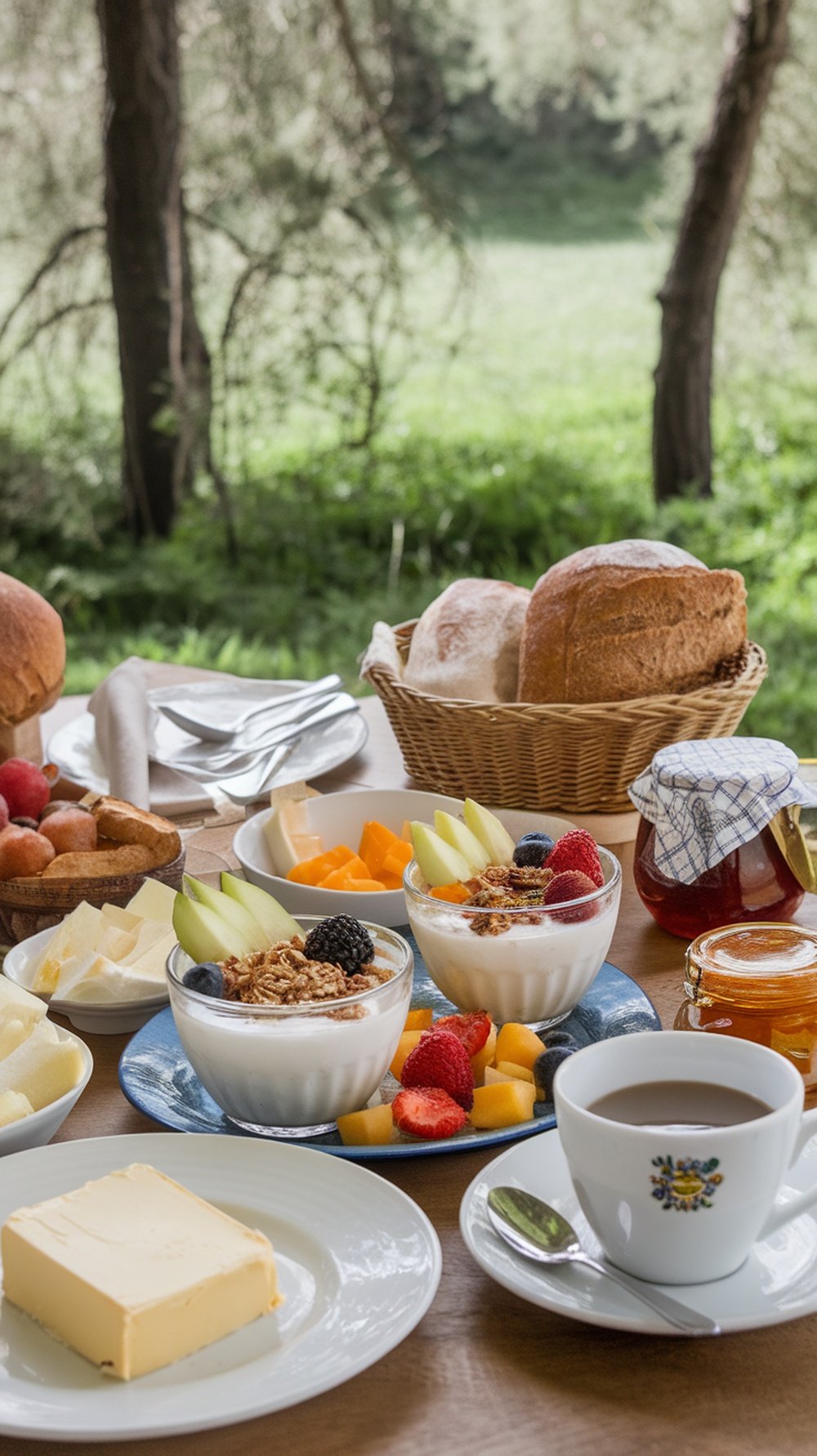 A breakfast spread featuring yogurt with fruits and granola, whole grain bread, butter, honey, and a cup of coffee.