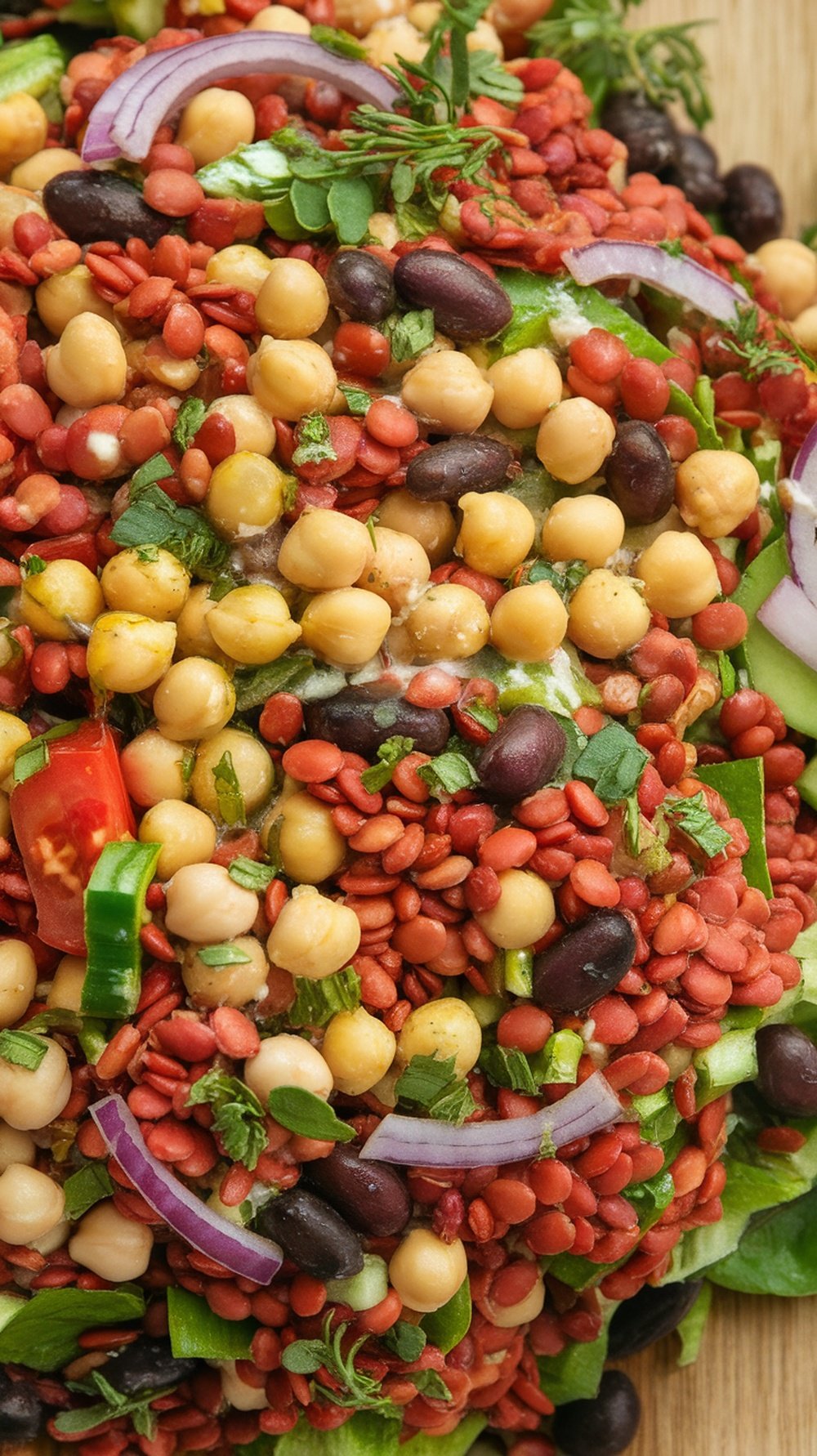 A colorful salad featuring various legumes, including chickpeas, black beans, and lentils, garnished with fresh herbs and vegetables.