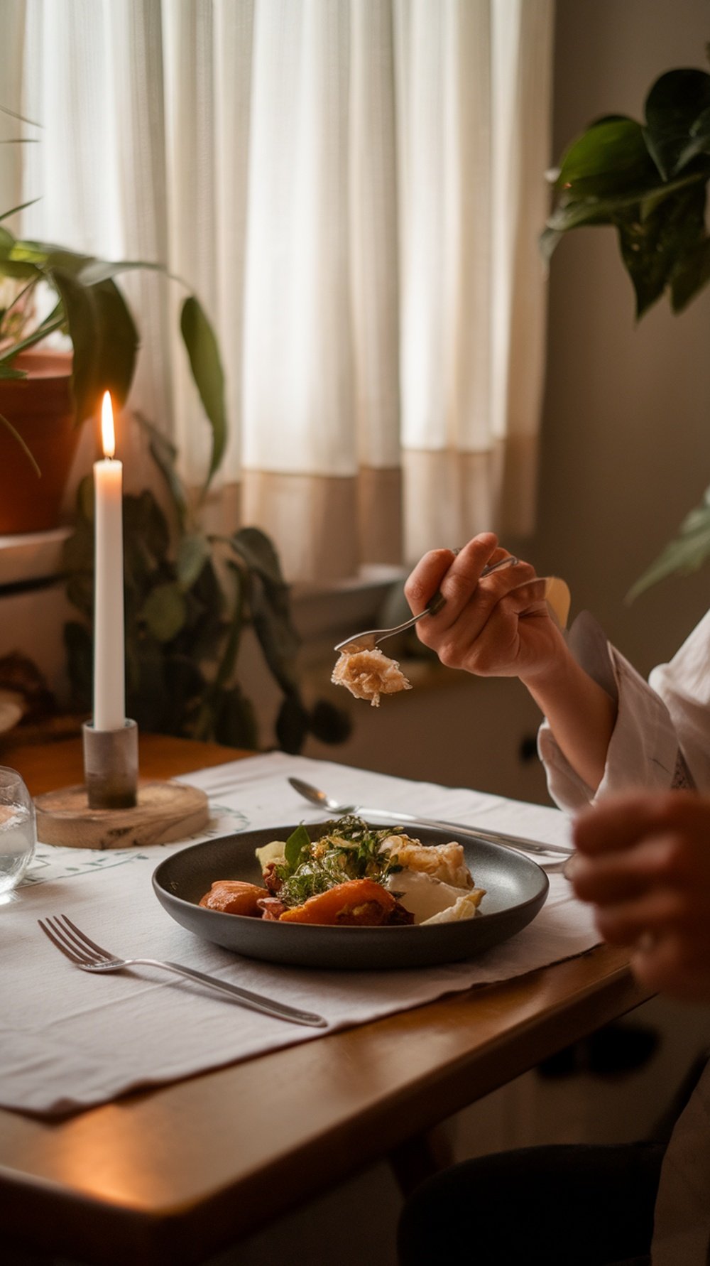 A person enjoying a meal at a cozy table with a candle and plants, emphasizing mindful eating.