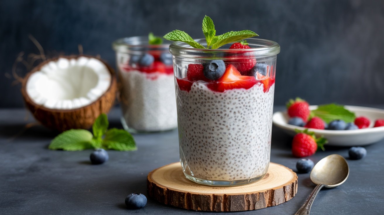 Coconut Chia Seed Pudding in a glass jar topped with fresh berries and mint leaves.
