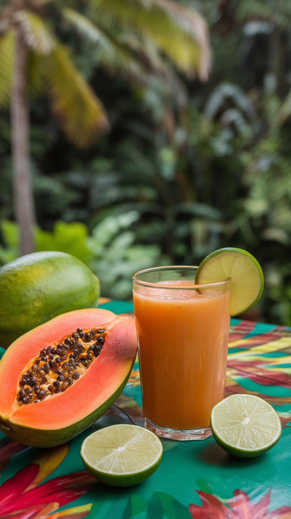 A glass of papaya and lime juice with fresh papaya and lime slices on a colorful table