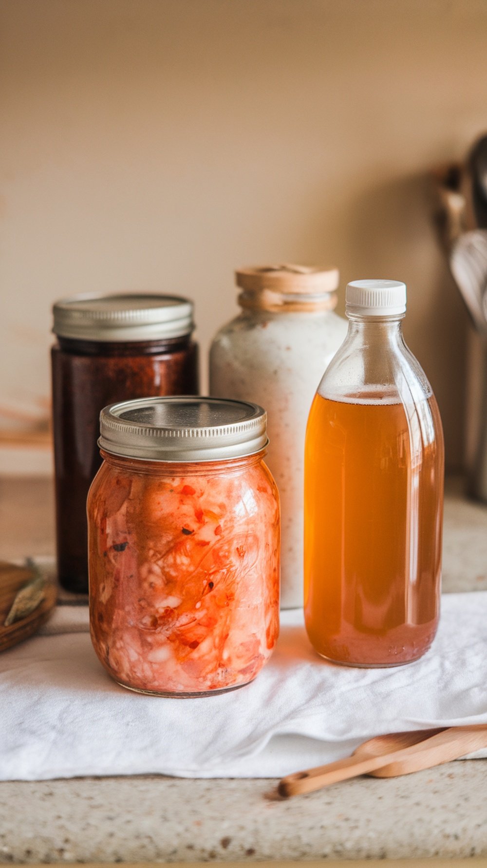 A variety of fermented foods in jars, including kimchi, kombucha, and yogurt, displayed on a kitchen counter.