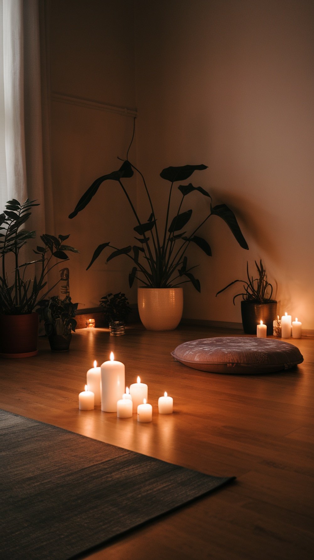 A serene room with candles, plants, and a meditation cushion, creating a calming atmosphere.