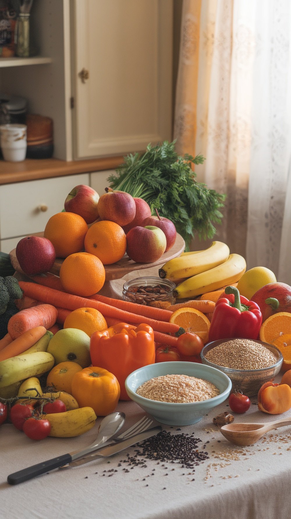 A colorful display of fruits, vegetables, and grains on a table, highlighting fiber-rich foods for digestive health.