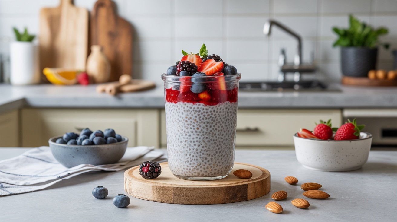A glass of overnight chia pudding topped with fresh berries and almonds, set on a kitchen counter.