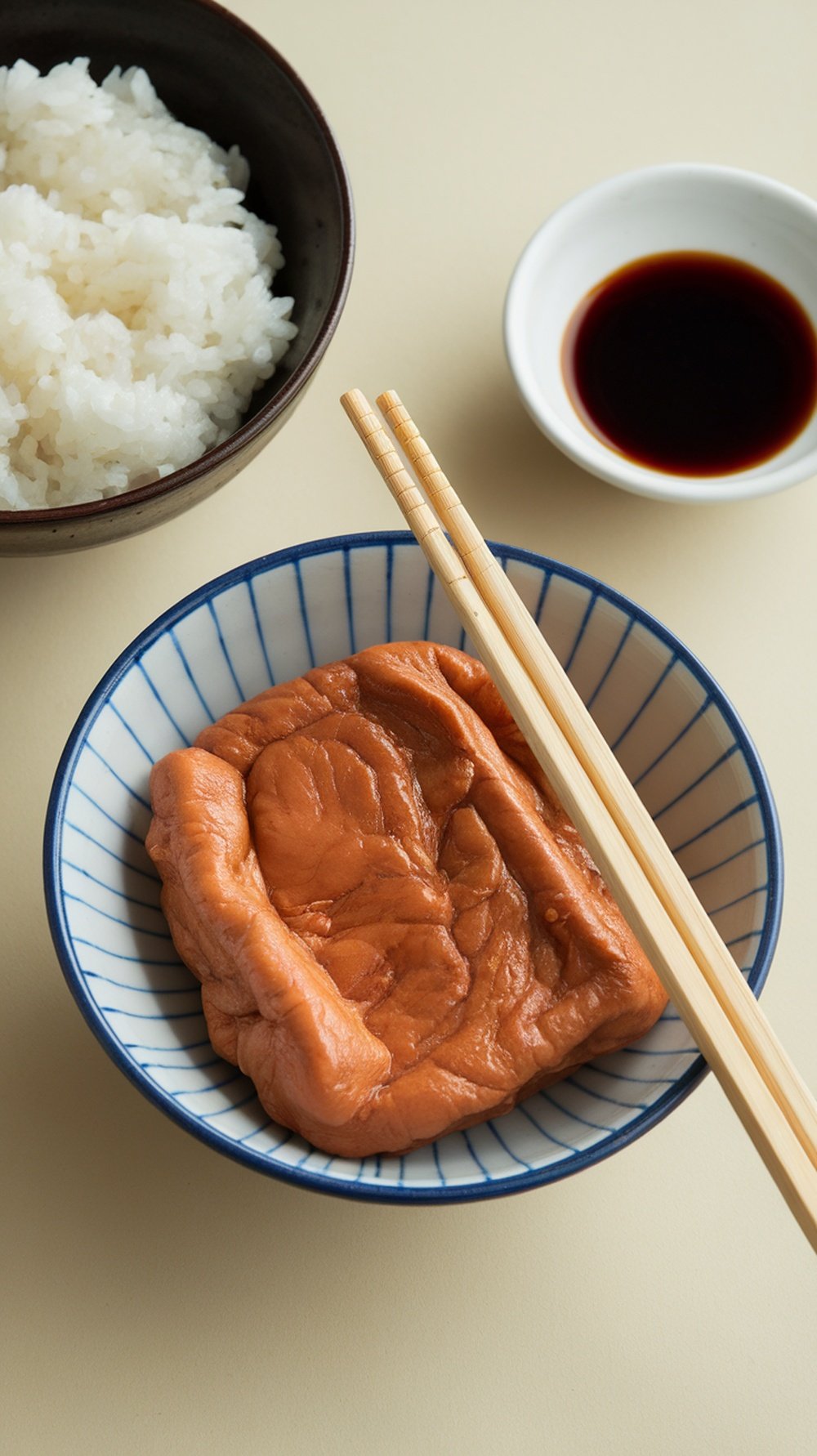 A bowl of natto with rice and soy sauce, showcasing the unique texture of fermented soybeans.
