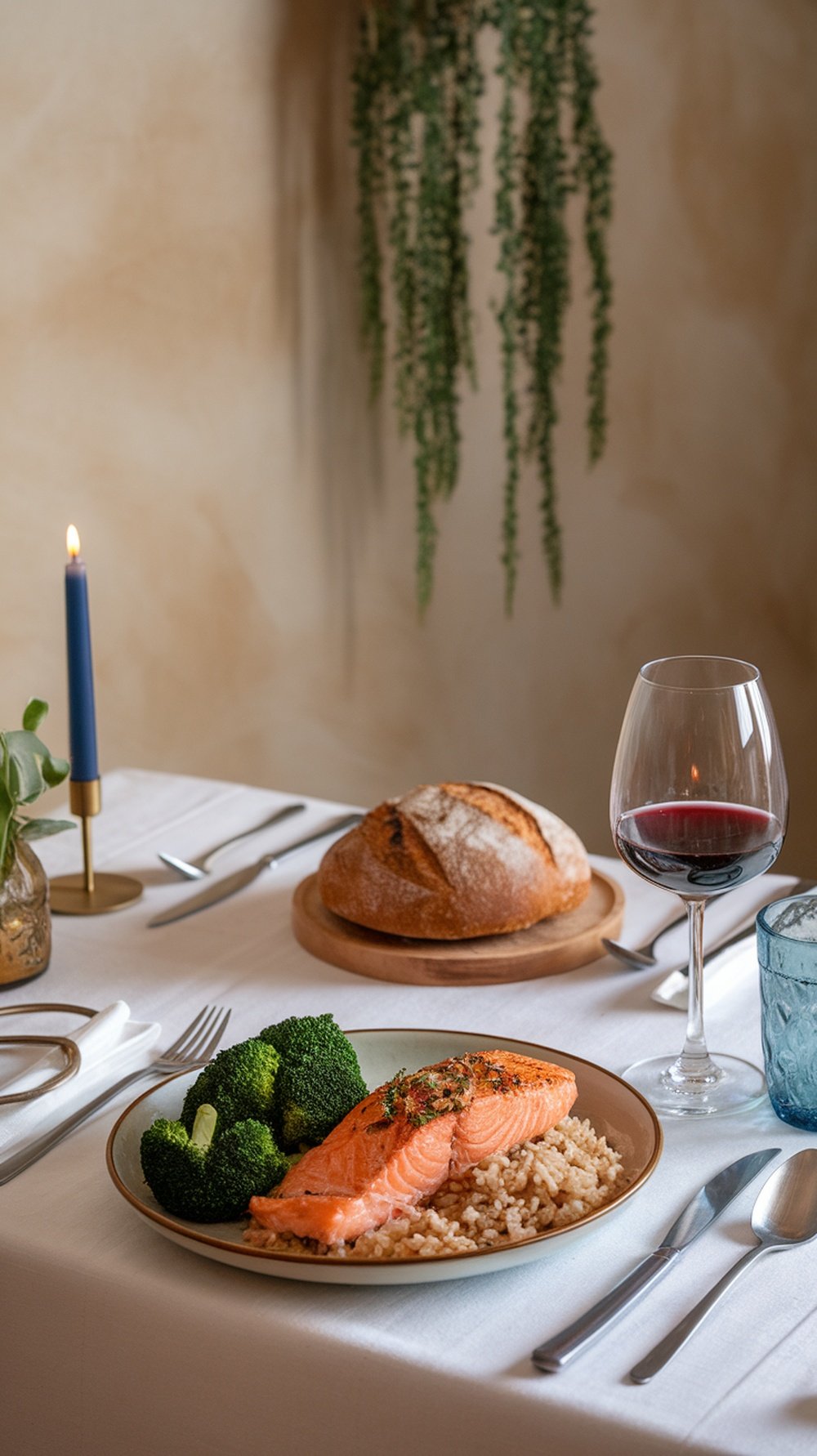 A cozy dinner setting featuring a plate of salmon, broccoli, and brown rice, with a slice of bread and a glass of red wine.