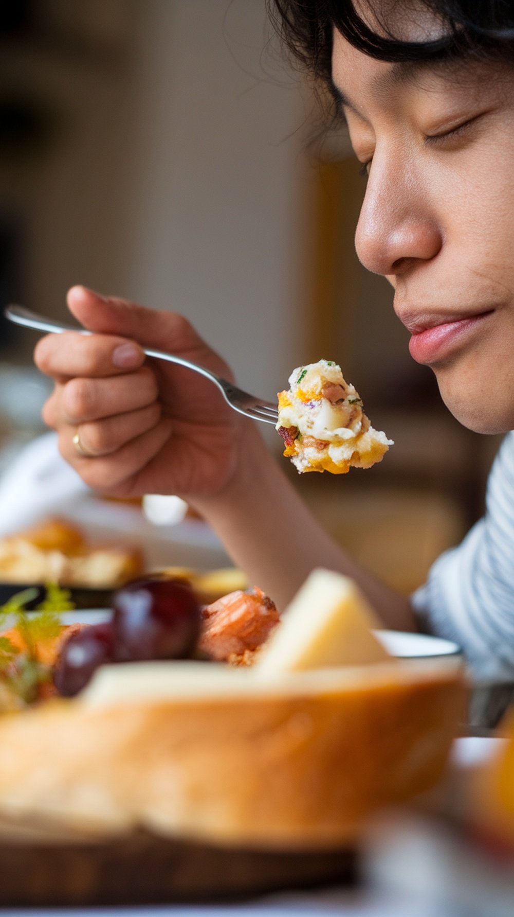 A person enjoying a meal slowly, focusing on the food.
