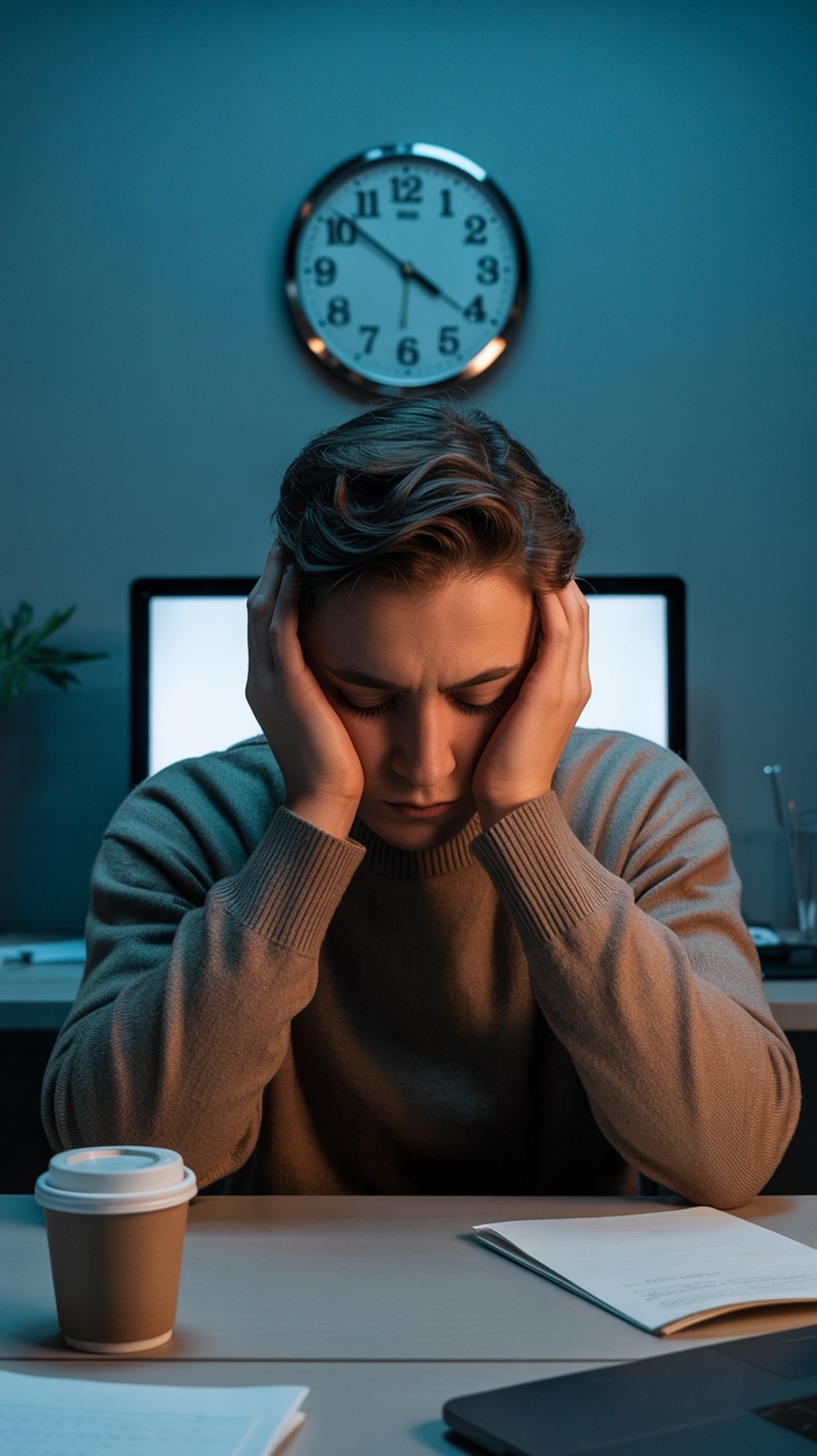 A person sitting at a desk, looking stressed and fatigued, with a clock in the background indicating late hours.
