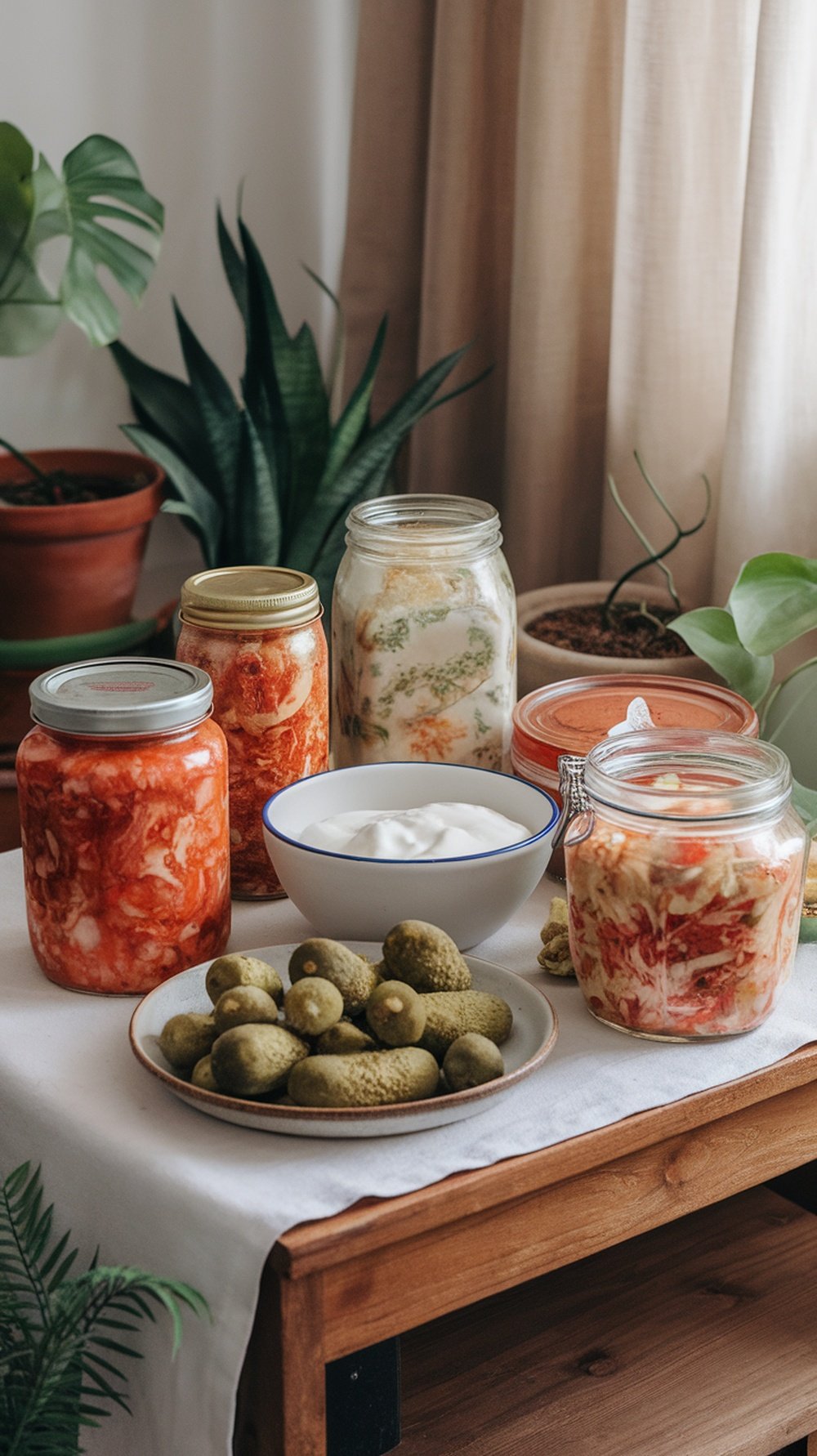A variety of fermented foods including kimchi, yogurt, and pickles displayed on a table.
