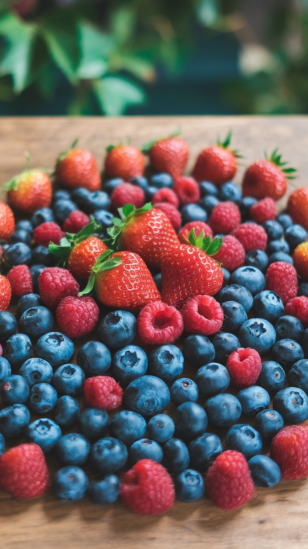 A colorful assortment of strawberries, blueberries, and raspberries arranged beautifully on a wooden surface.