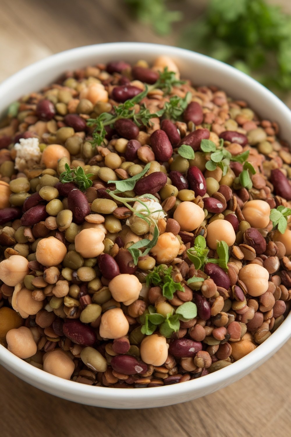A bowl filled with a colorful mix of legumes including lentils, chickpeas, and kidney beans, garnished with fresh herbs.
