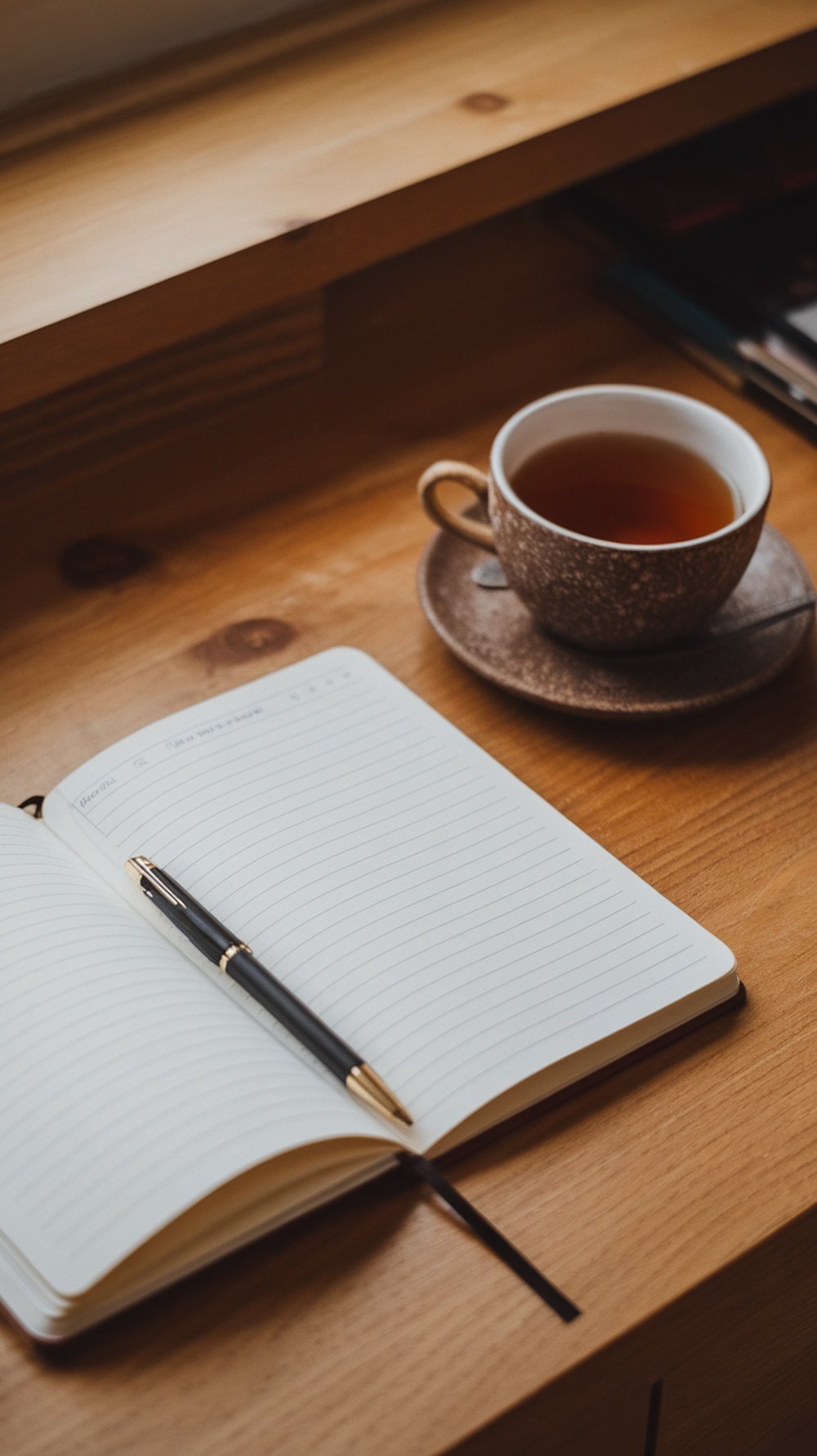 A notebook and pen on a wooden table next to a cup of tea