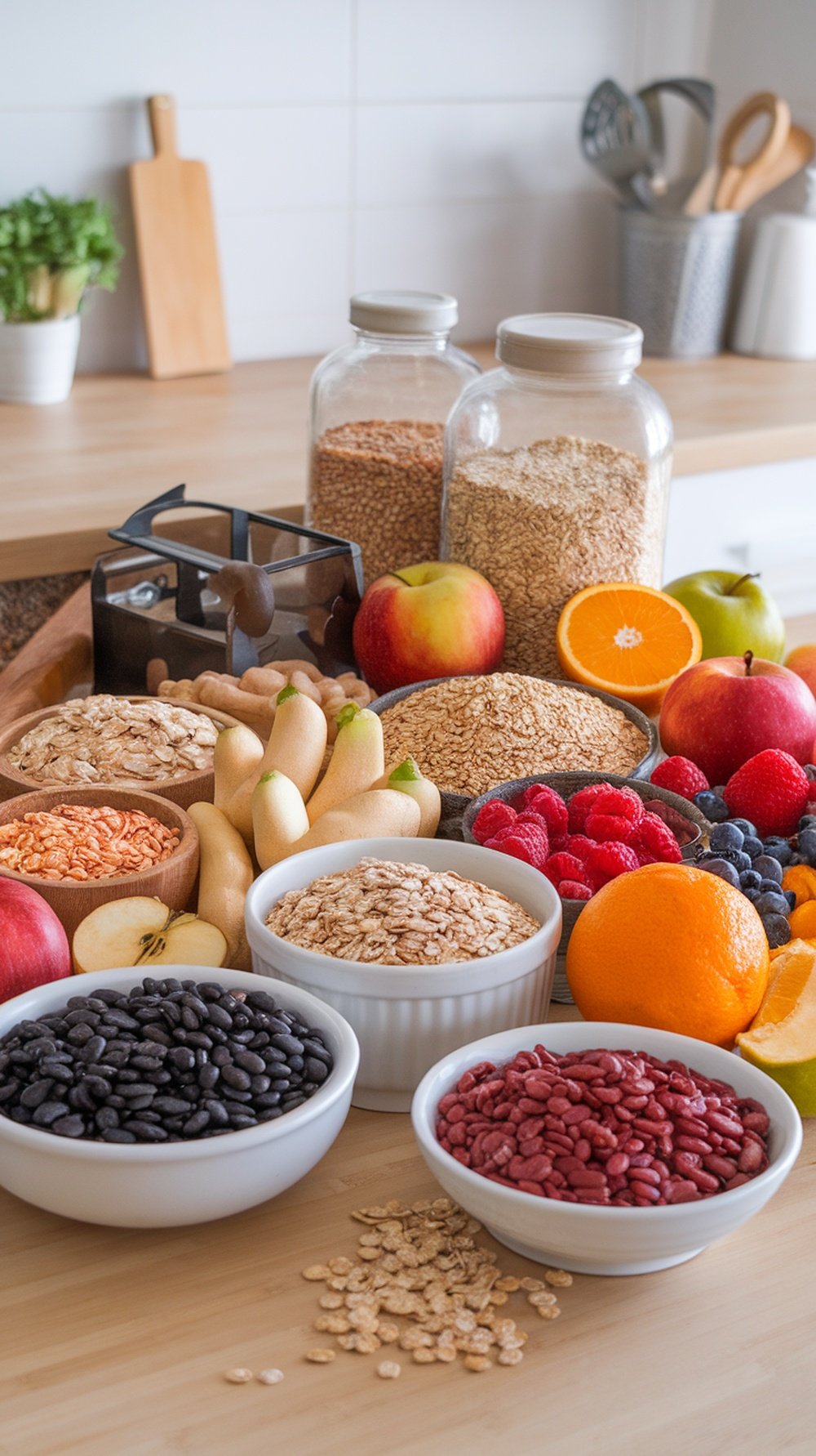 A variety of fiber-rich foods including fruits, oats, and beans arranged on a kitchen counter.