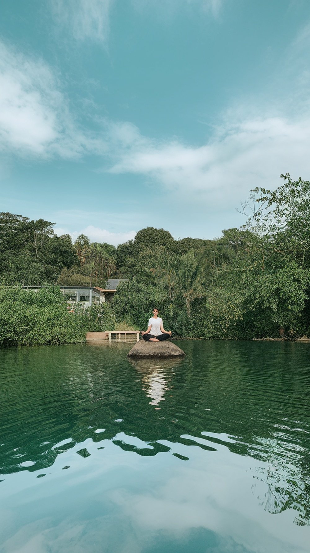 A person meditating on a rock in a calm body of water surrounded by greenery.