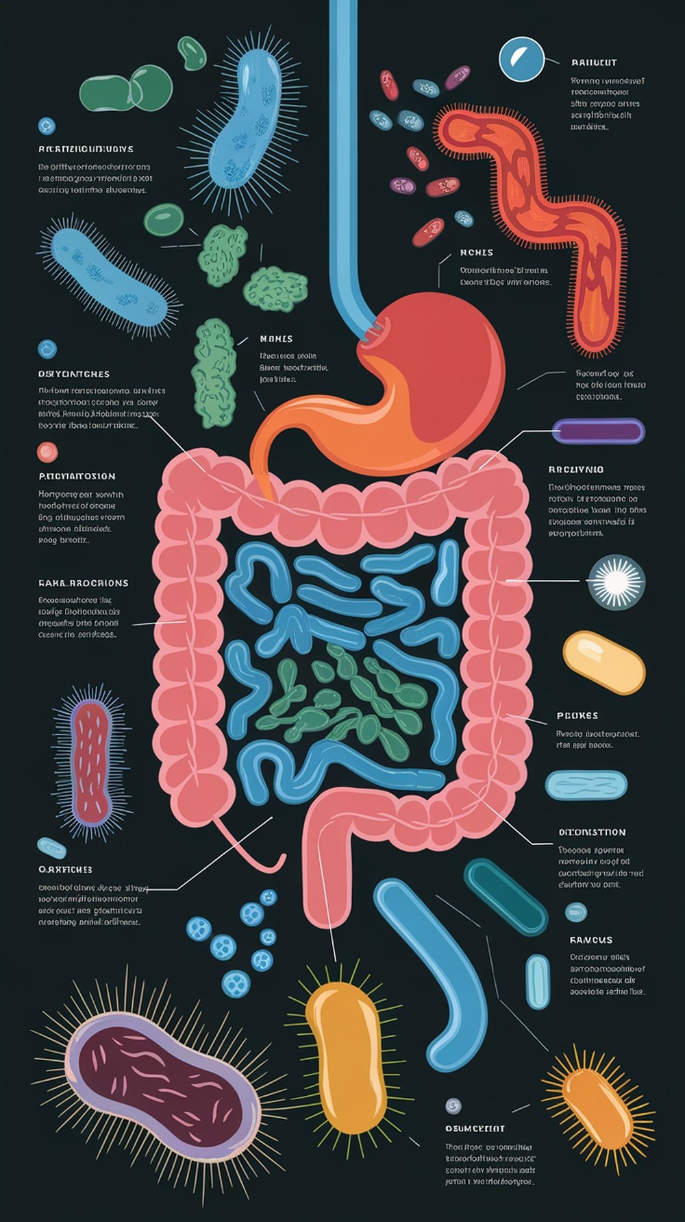 A colorful diagram of the digestive system showing various bacteria and processes related to gut health.