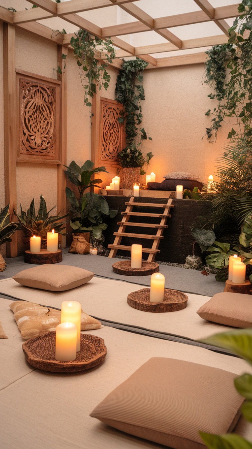 A calming space with cushions, candles, and plants for relaxation.