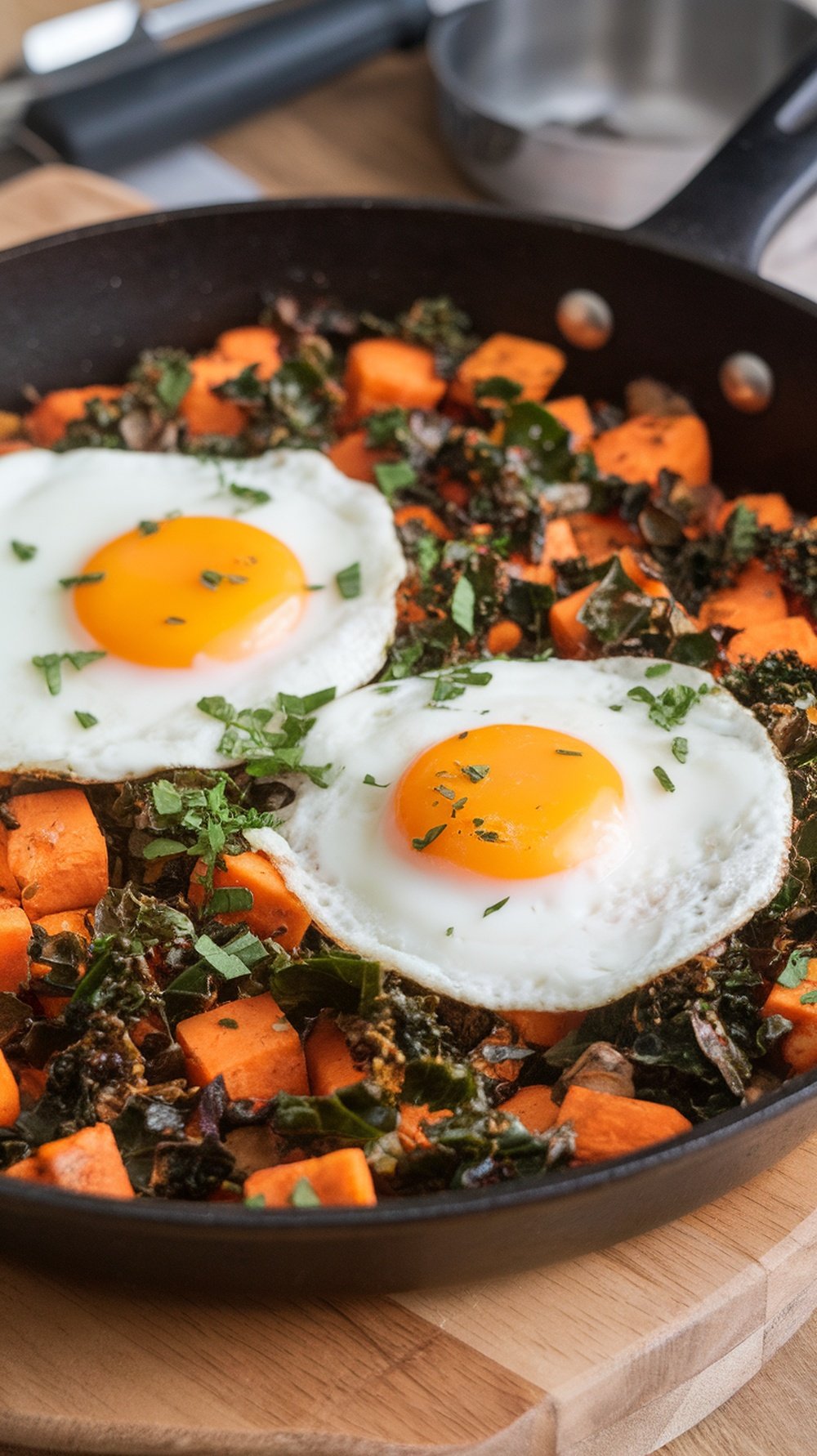 A skillet filled with sweet potato and kale hash topped with two sunny-side-up eggs.