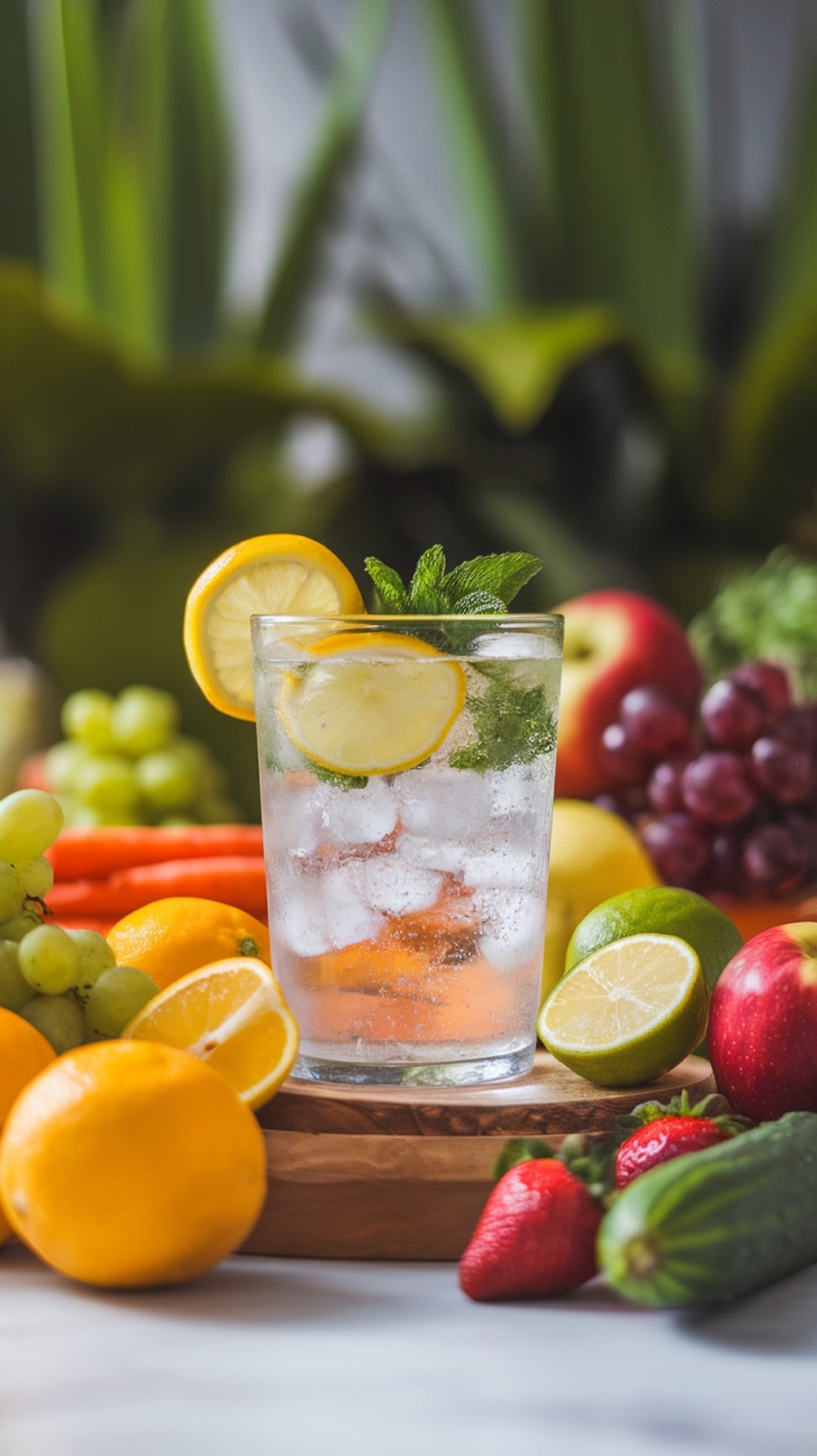 A refreshing glass of water with lemon and mint, surrounded by various fruits and vegetables.