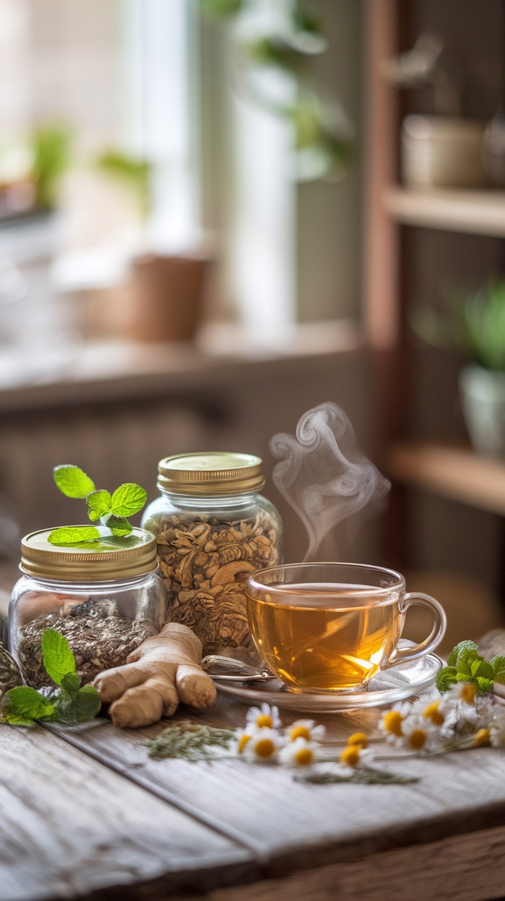 A warm cup of herbal tea with steam rising, surrounded by jars of herbs and fresh mint leaves on a wooden table.