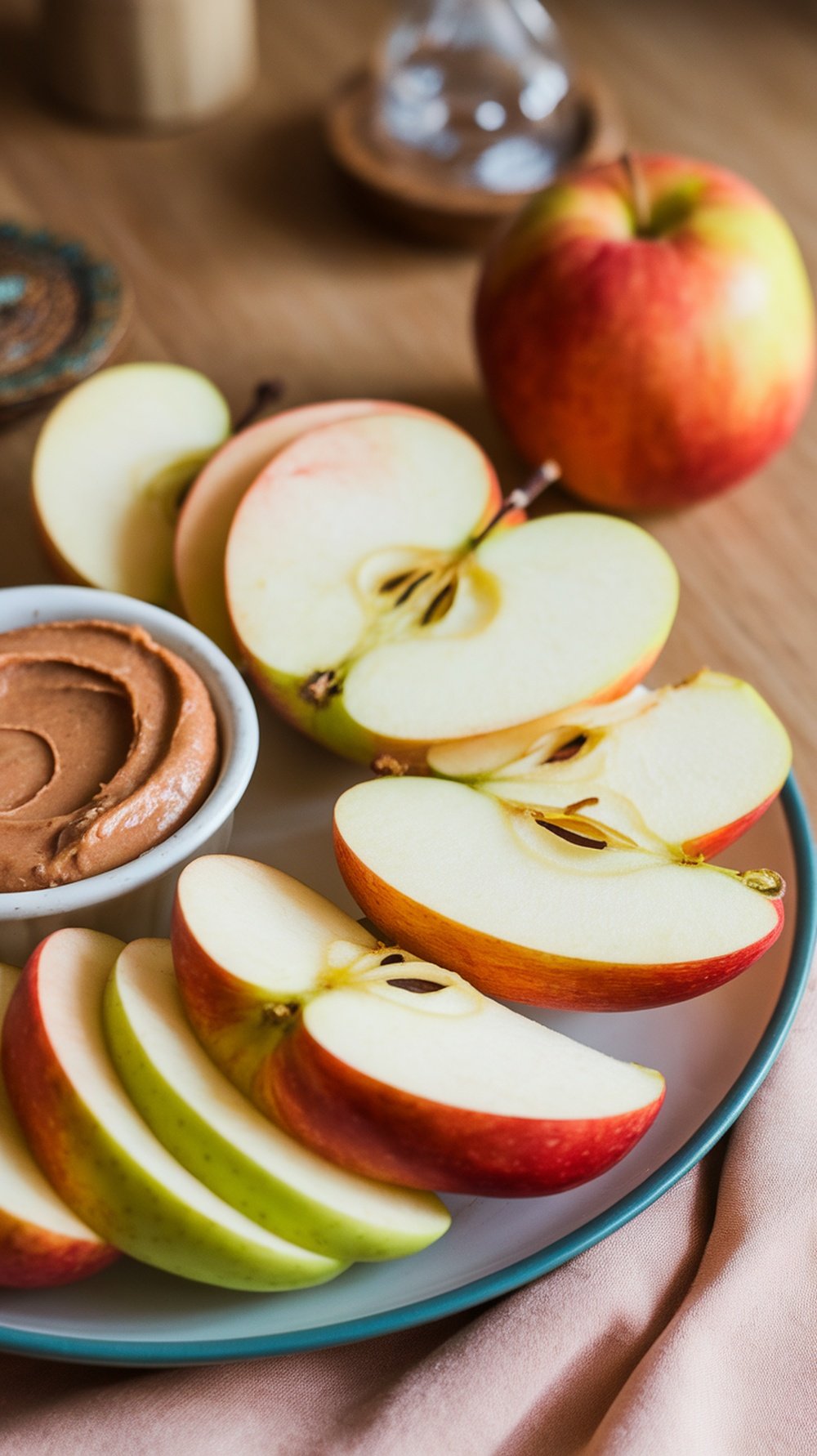 Sliced apples with almond butter on a plate