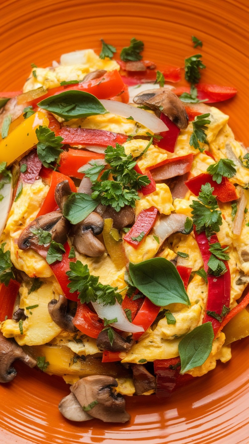 A colorful egg and vegetable scramble with bell peppers, mushrooms, and herbs on an orange plate.